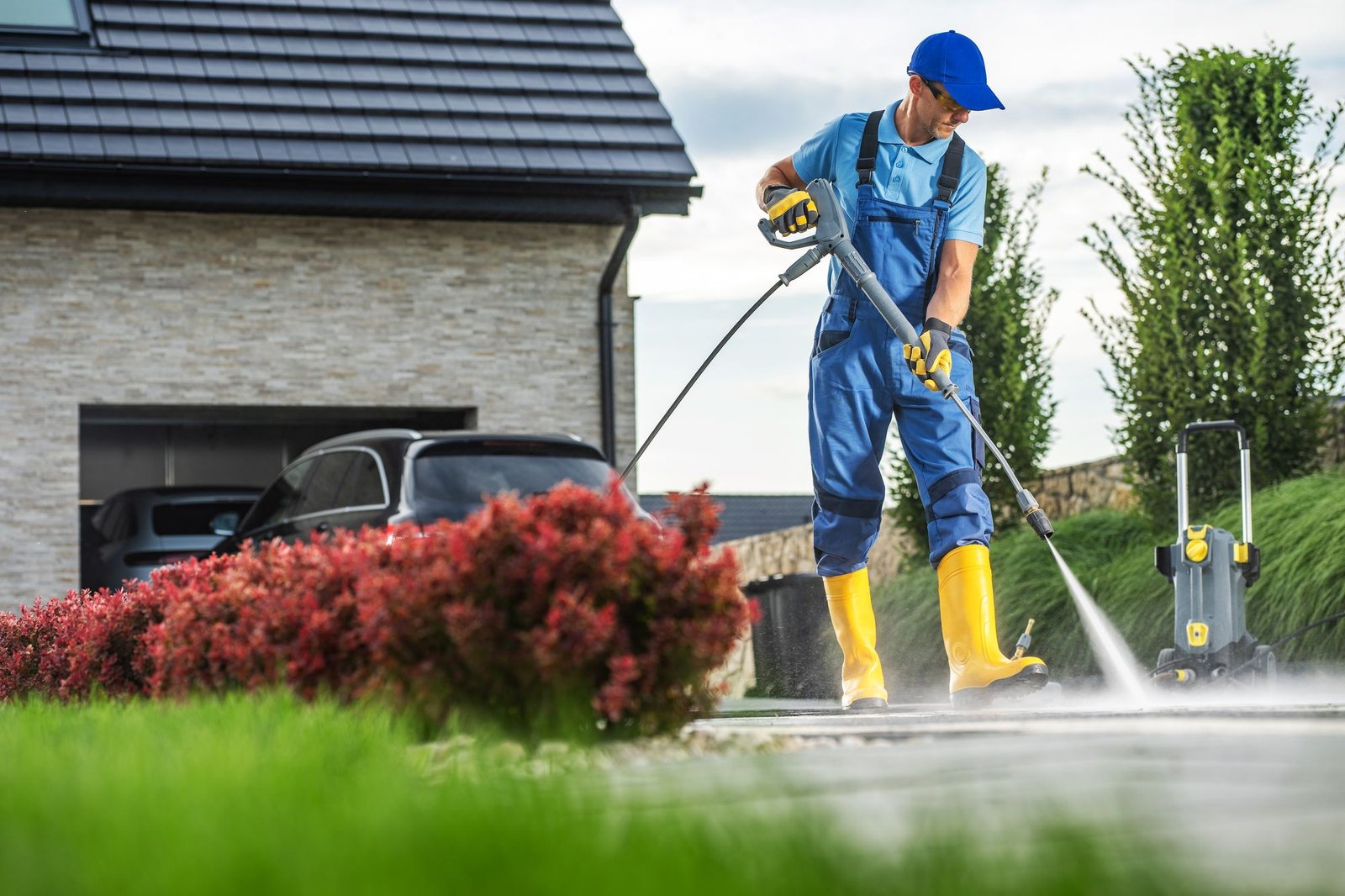 Technician pressure washing a concrete driveway at a Greenville, SC home on a sunny day