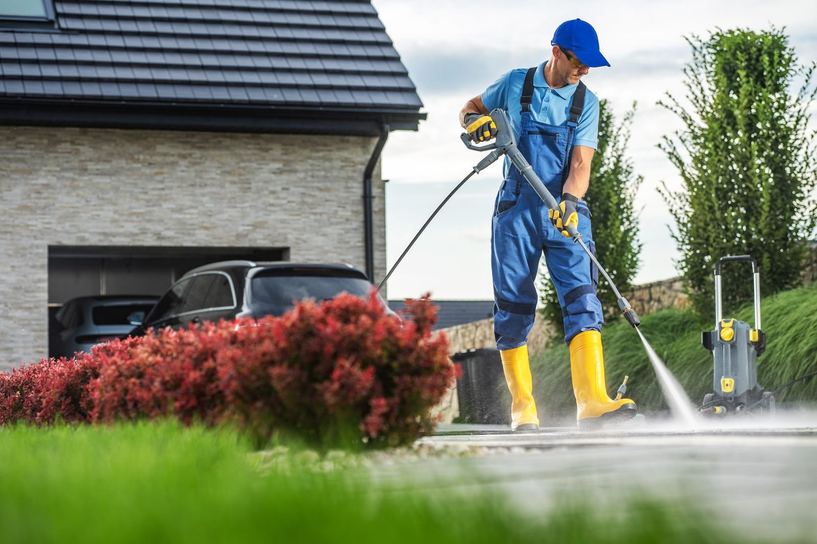 Driveway pressure washing outside a Greenville home