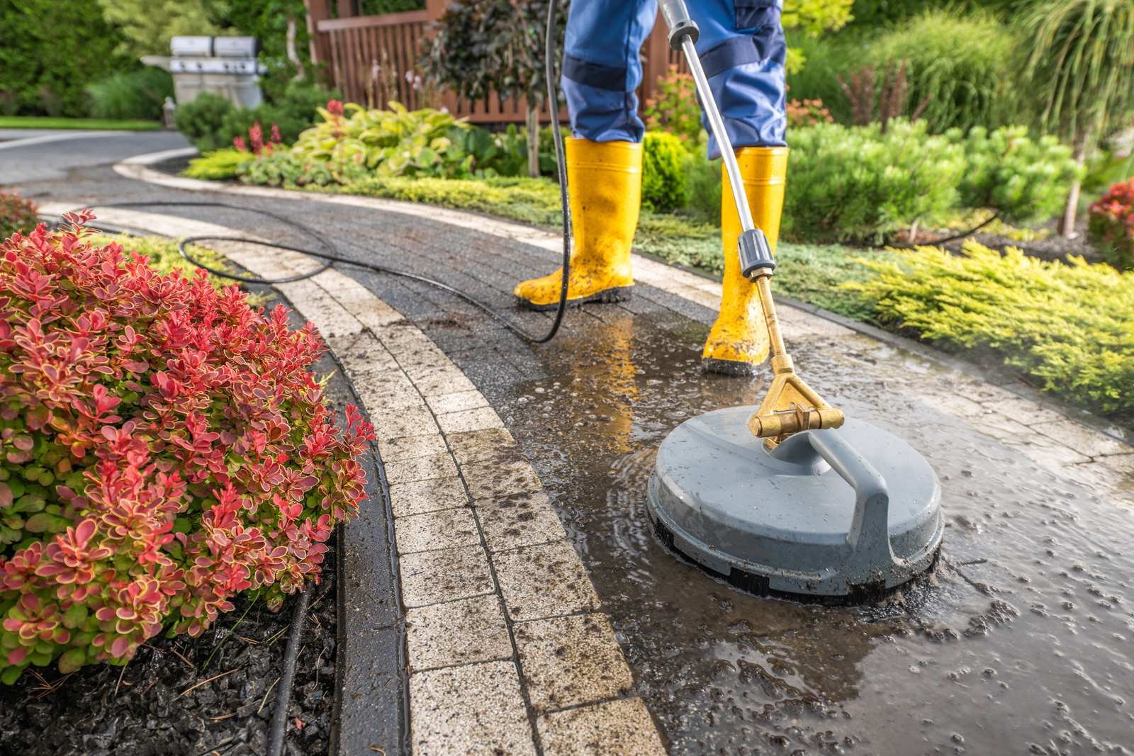 Surface cleaner working along a paver walkway